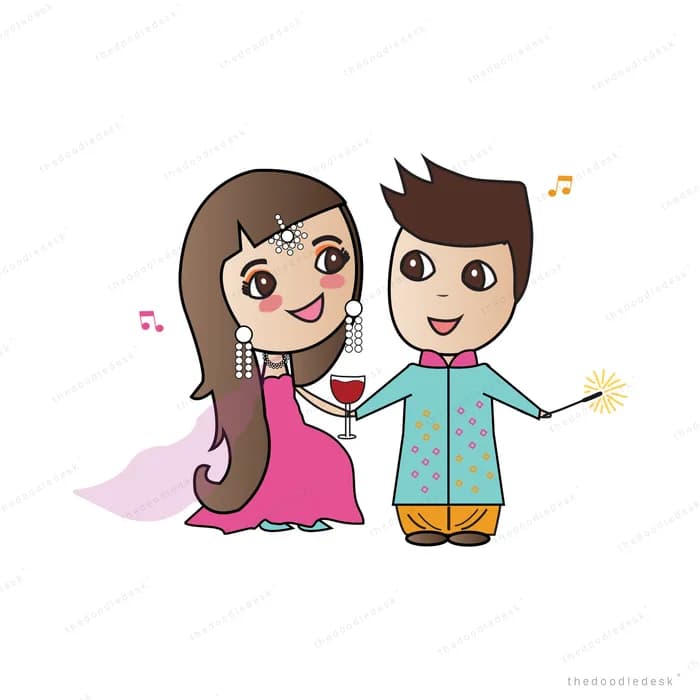 Couple in party clothes toasting with wine glasses among floating music notes