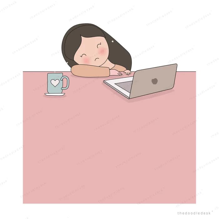 Woman asleep with her head on a pink desk beside an open laptop