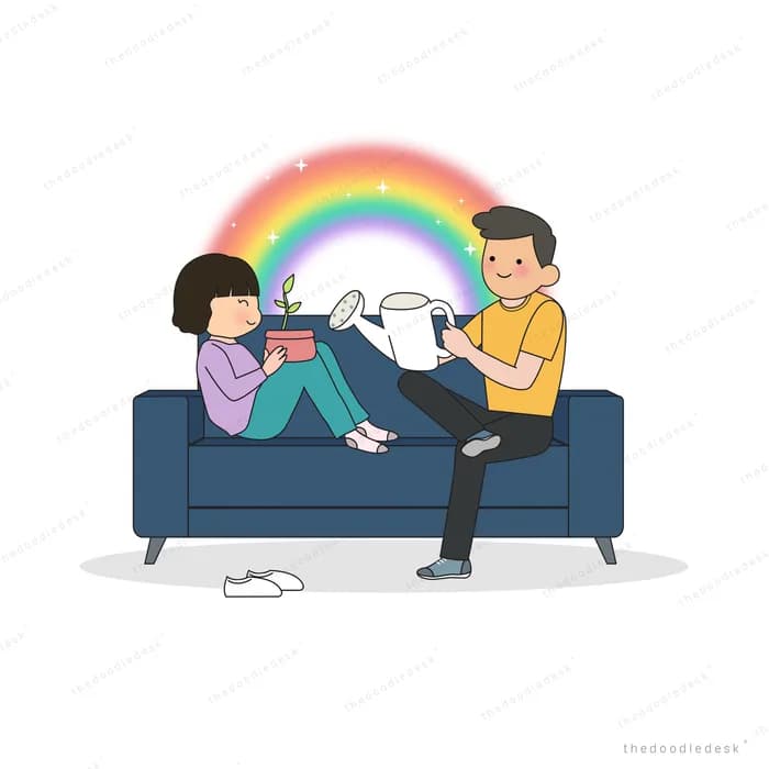 Couple relaxing on a blue sofa with a tablet under a rainbow arc