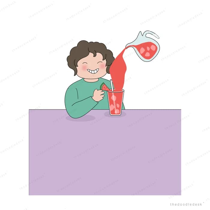 Boy pouring red liquid from a flask above a blank purple panel