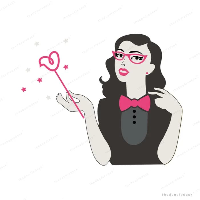 Woman in glasses and a bow tie waving a heart-tipped magic wand