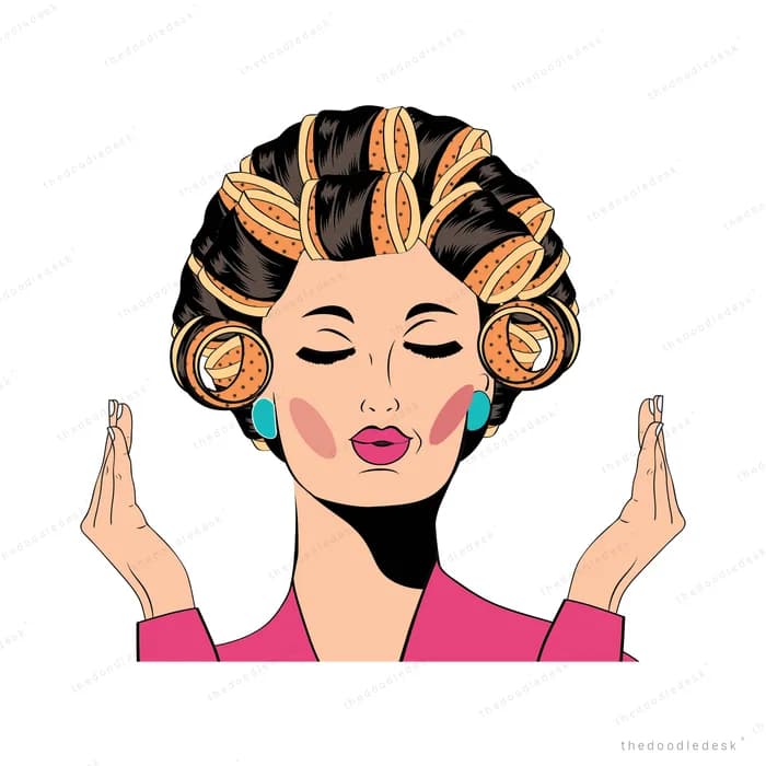 Woman with hair rollers and closed eyes raising both hands beside her face