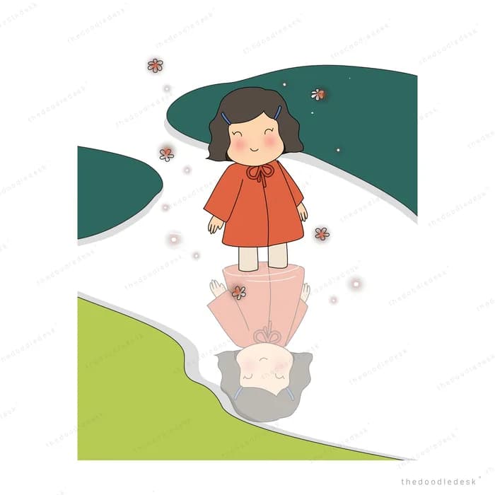 Girl in a red coat standing on a green slope with her mirrored reflection below