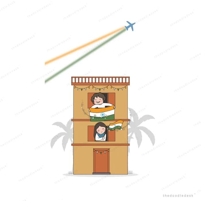 Children waving indian tricolour flags from the balconies of a building as a plane trails tricolour smoke