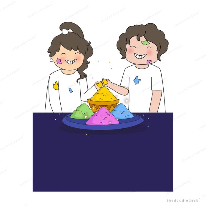 Two children behind a tray of holi colour heaps with one reaching into the powder
