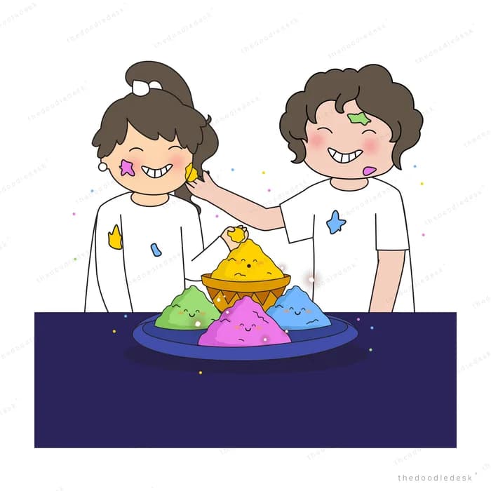 Two children smearing holi colour on each other's faces over a tray of colour heaps