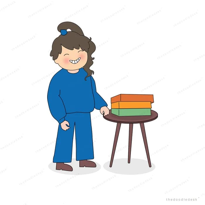 Woman standing beside a wooden stool stacked with books
