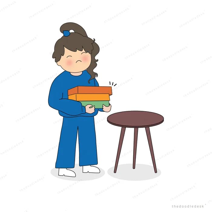 Woman carrying a stack of books away from a wooden stool
