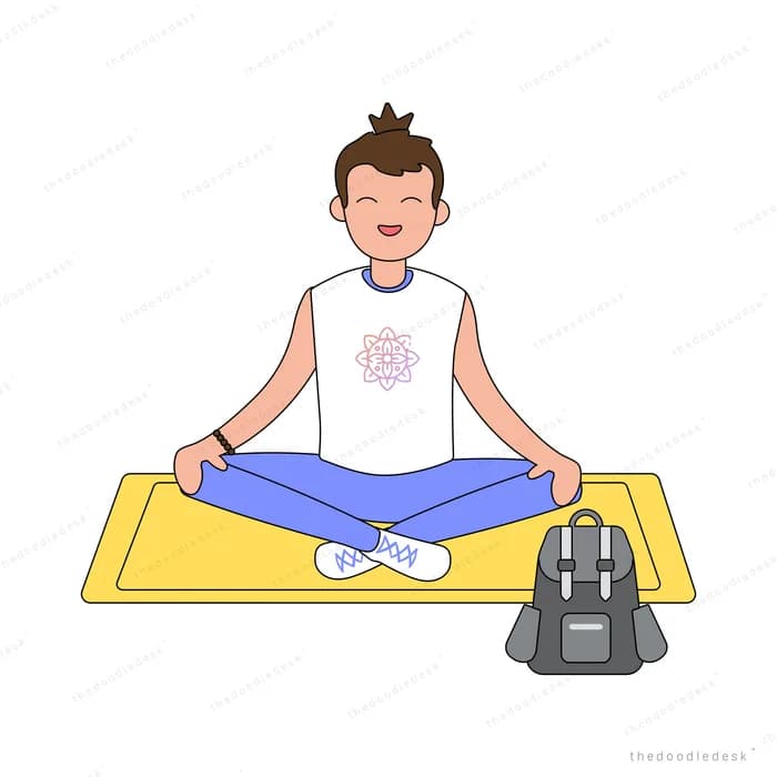 Man meditating cross-legged on a yellow mat beside a backpack