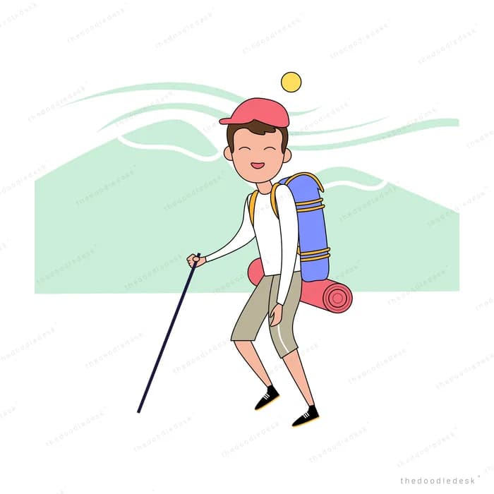 Man hiking uphill with trekking poles and a loaded backpack