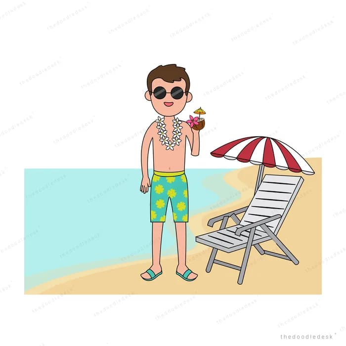 Man in sunglasses and swim shorts eating ice cream beside a deck chair and parasol