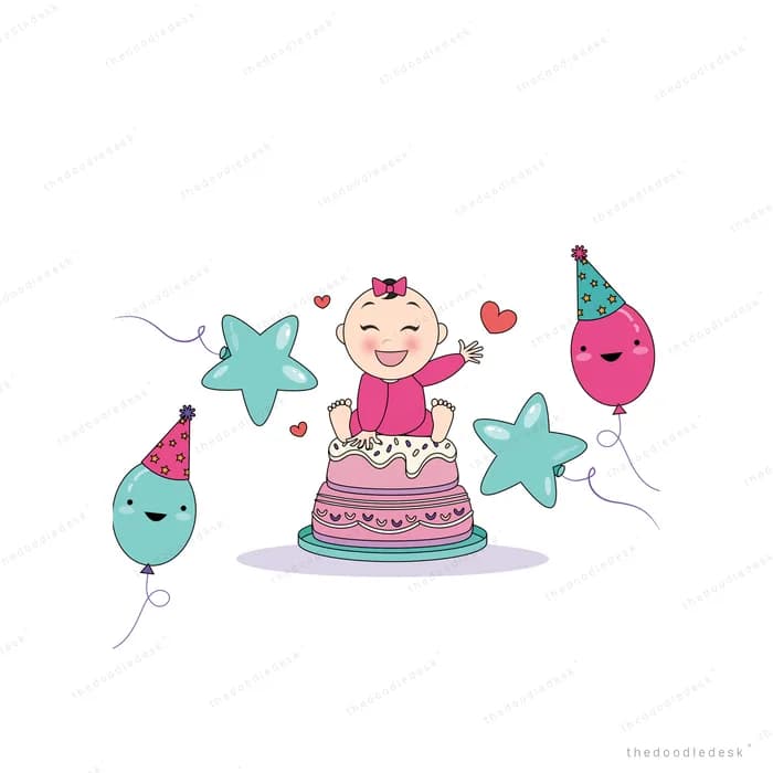 Small girl standing on a birthday cake surrounded by smiling star and balloon characters