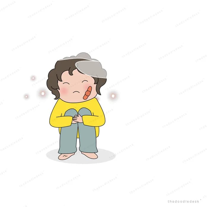 Boy standing with a grey rain cloud over his head and dark orbs floating around him