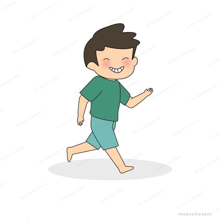 Boy in a green shirt walking briskly with arms swinging