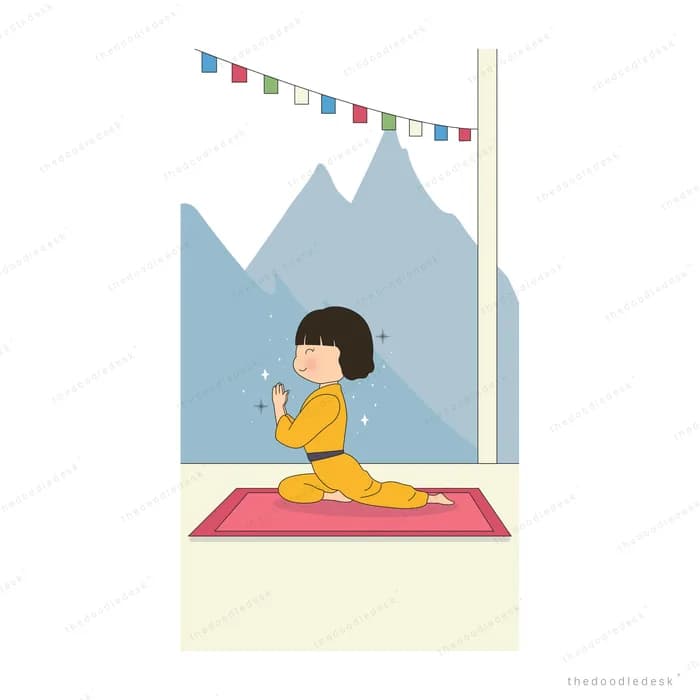 Girl kneeling on a pink mat in front of blue mountains with prayer bunting overhead