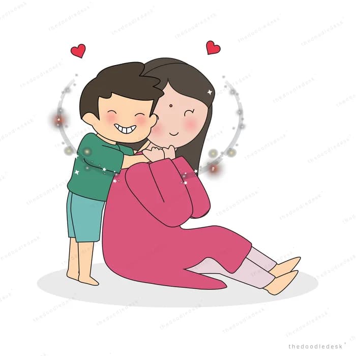 Boy hugging a seated pregnant woman with hearts and dark garlands around them