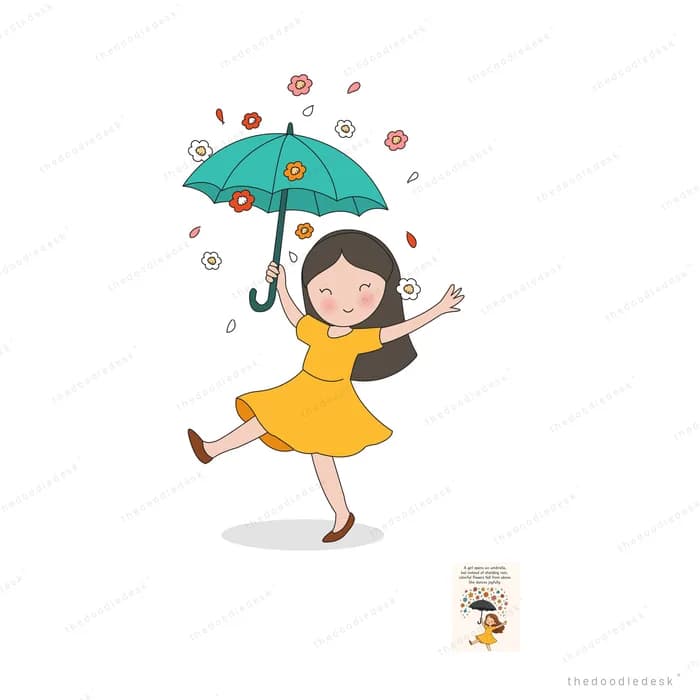 Girl in a yellow dress dancing with a teal umbrella amid falling confetti