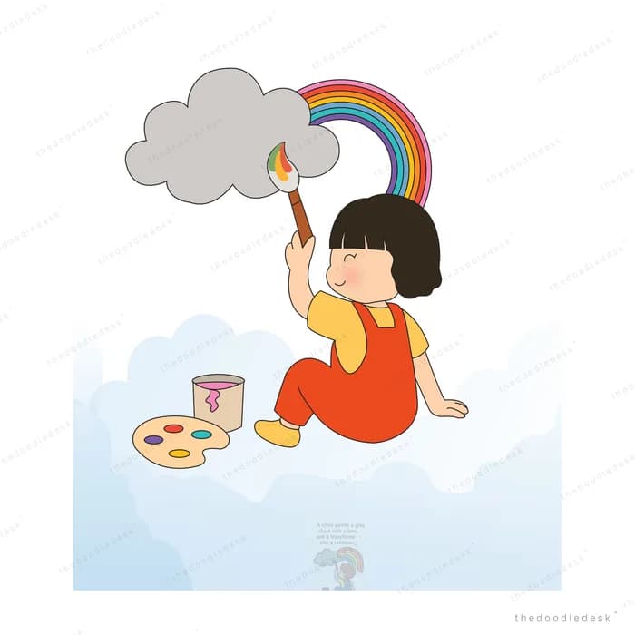 Girl sitting on a cloud painting a rainbow onto a grey cloud with a brush and paints