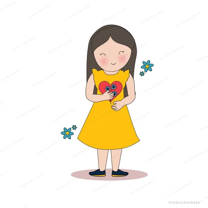 Girl in a yellow dress holding a red heart to her chest