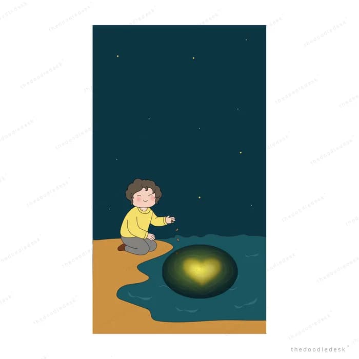 Boy kneeling at the edge of dark water beside a glowing golden orb at night