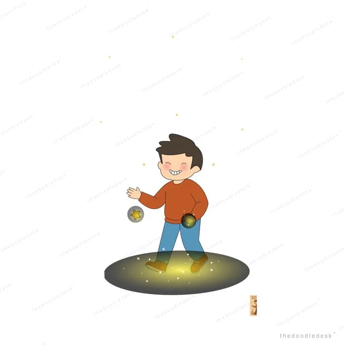 Boy standing on a glowing patch of ground juggling small golden orbs