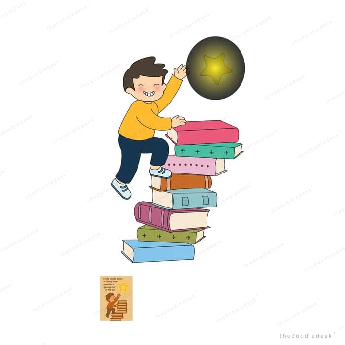 Boy climbing a tall stack of books to reach a glowing dark orb