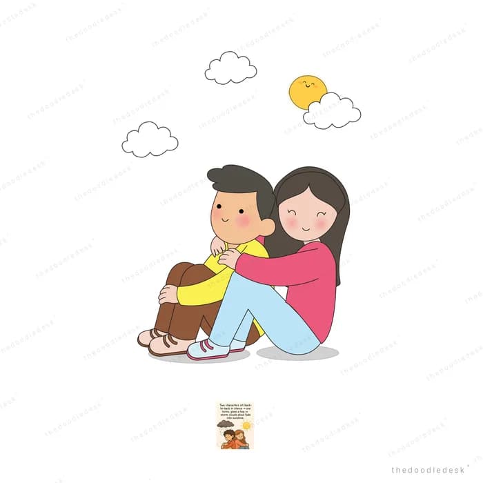 Couple sitting on the ground leaning into each other under clouds and sun