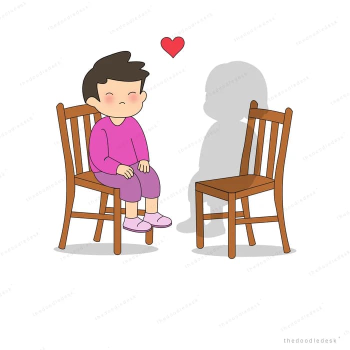 Boy sitting on a wooden chair beside an empty chair holding a grey silhouette with a heart above