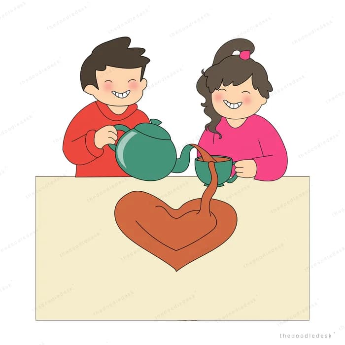 Boy and girl pouring tea from a green teapot that forms a heart on the panel below