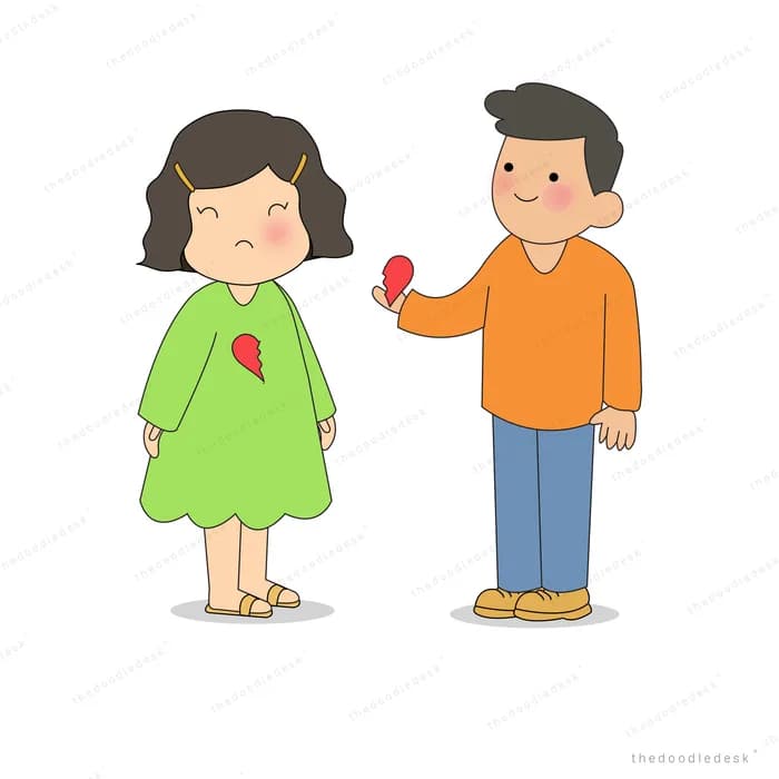 Boy offering a red heart to a girl whose dress shows a cracked heart