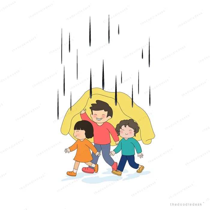 Three children huddled under a yellow umbrella in heavy rain
