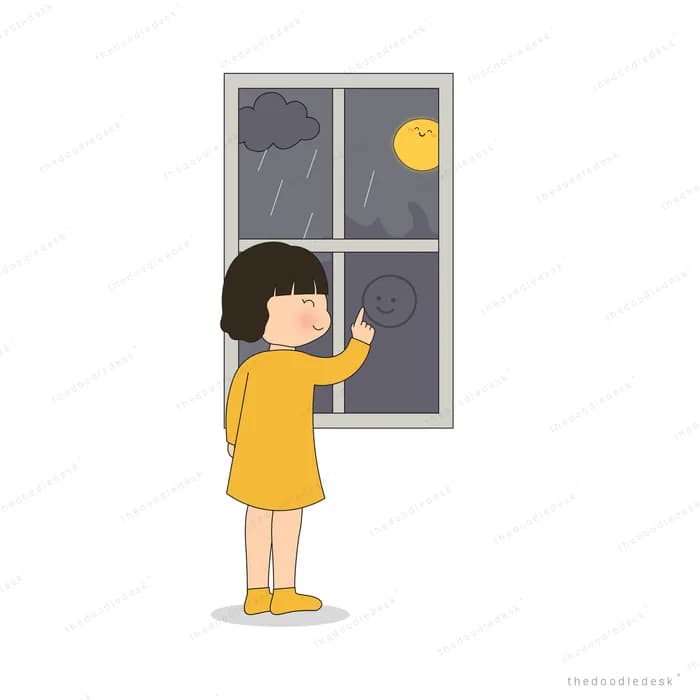 Girl standing at a window looking out at rain clouds and a moon
