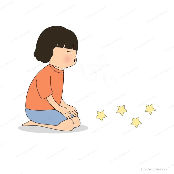 Girl kneeling on the floor beside a scattered trail of gold stars