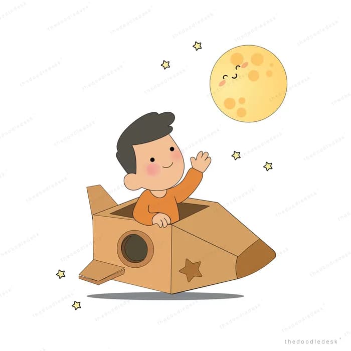 Boy sitting in a cardboard box rocket waving under a full moon and stars