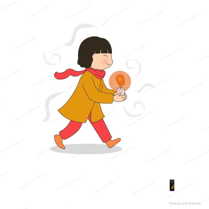 Girl in an orange coat and red scarf walking with a lit sparkler