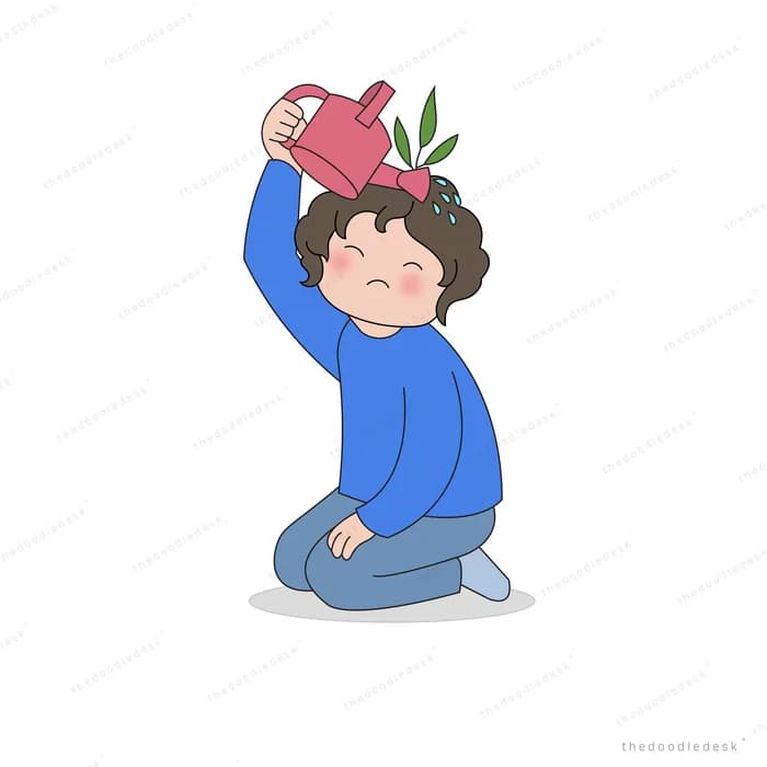 Boy kneeling and watering his own head as leaves sprout from his hair