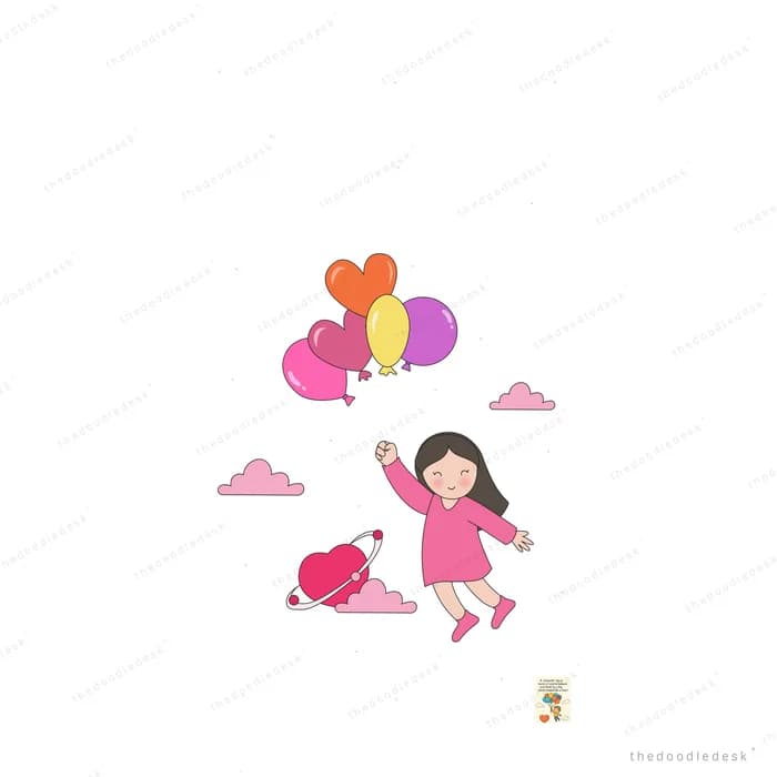 Small girl in pink reaching up toward a cluster of drifting balloons