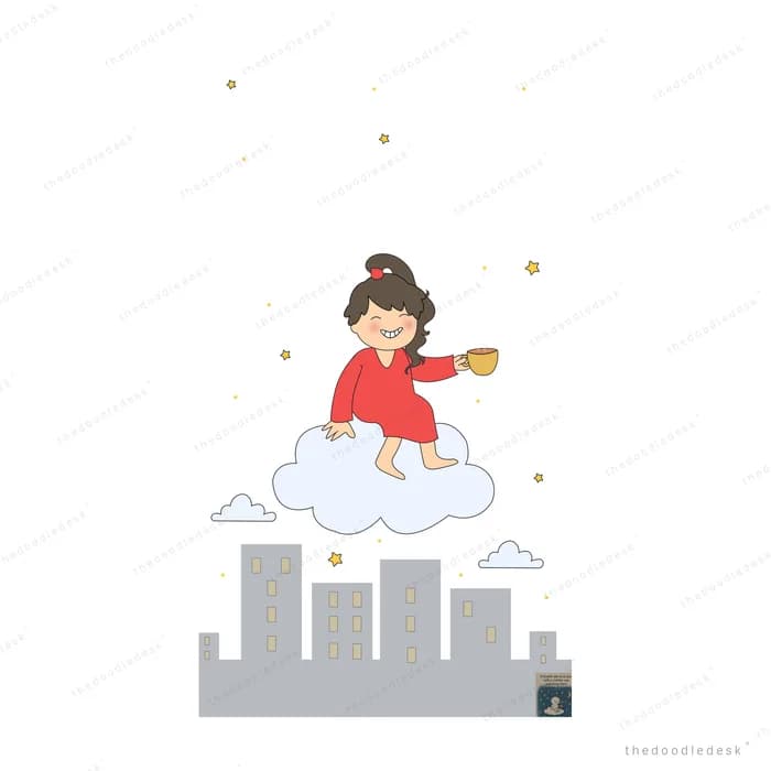 Girl standing on a small cloud floating above a grey city skyline