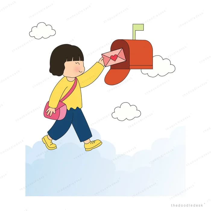 Girl standing on a cloud posting a letter into a red mailbox