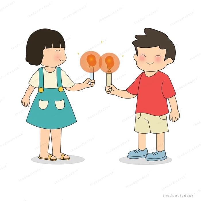 Girl and boy standing together each holding a lit sparkler