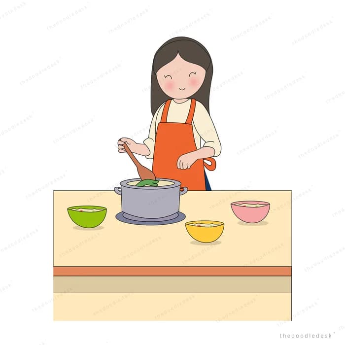 Woman in an apron stirring a pot on a counter set with coloured bowls