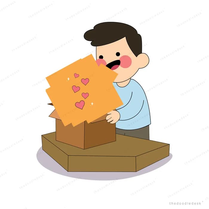 Man opening a cardboard box that releases glowing hearts