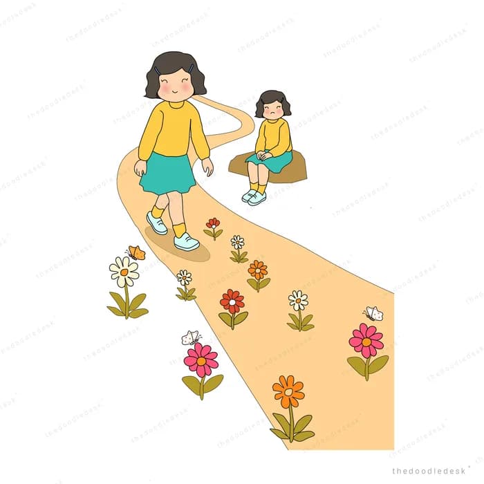 Woman and girl walking hand in hand along a flower-lined path