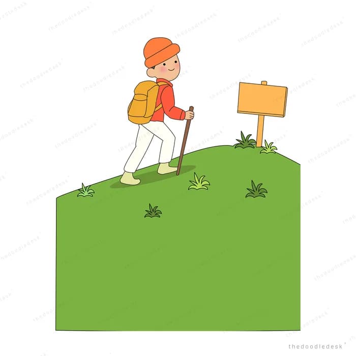 Boy with a backpack hiking up a green hill past a wooden signpost
