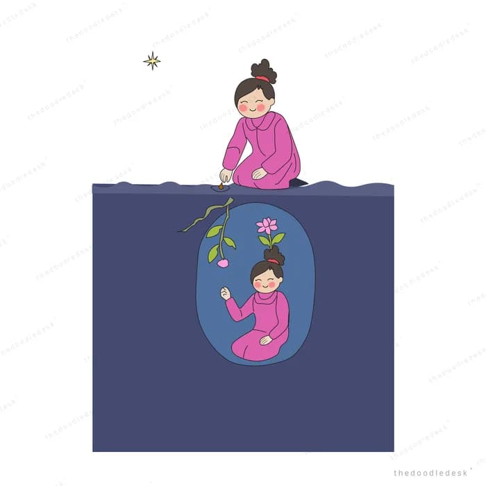 Woman sitting at the edge of dark water fishing while a mirrored self holds flowers below