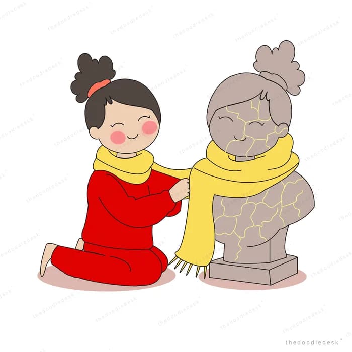 Girl in red wrapping a yellow scarf around a stone bust of an elderly woman