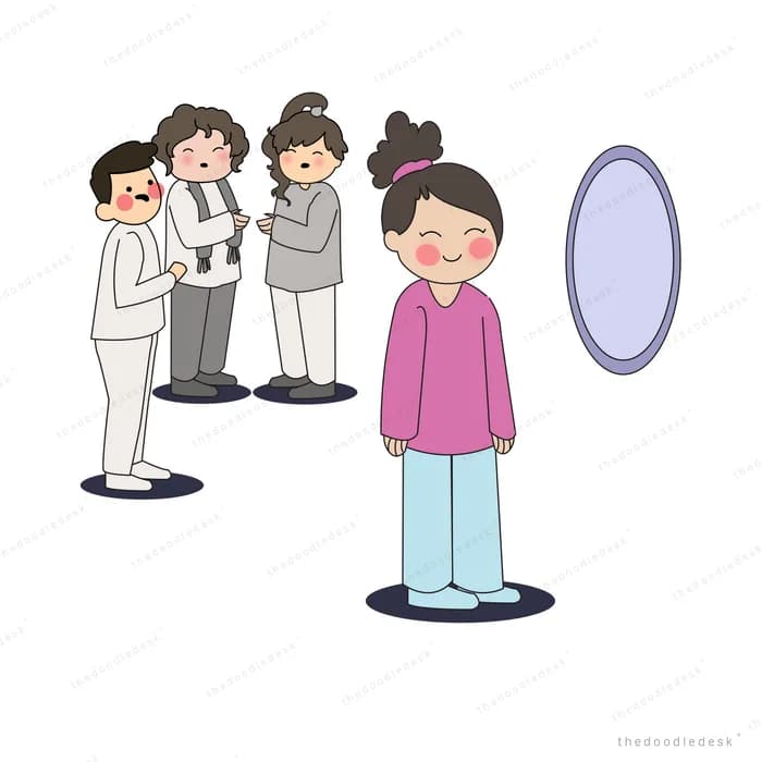 Woman standing apart from a huddle of whispering people beside an empty oval mirror