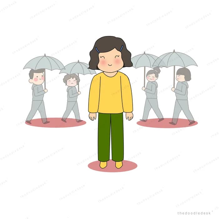 Girl standing without an umbrella among grey figures sheltering under umbrellas