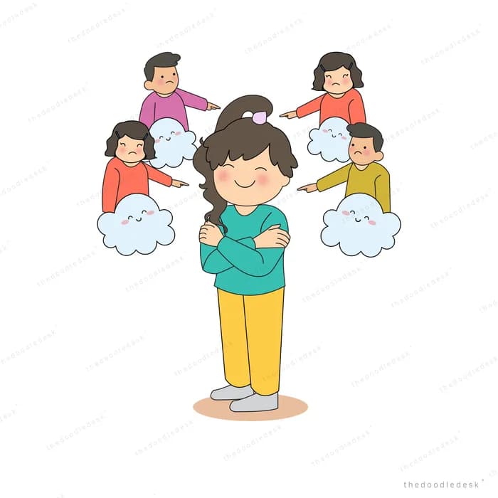 Pregnant woman standing with arms folded as children point at her from small clouds