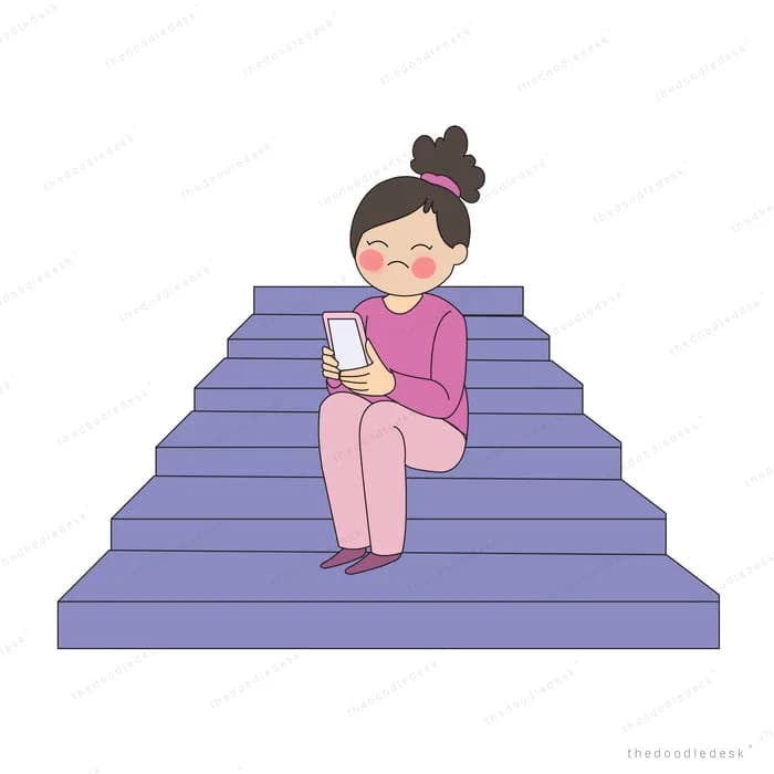 Girl sitting alone partway up a purple staircase looking at her phone